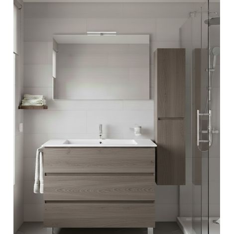 Ensemble Meuble de salle de bain BALDER Livré Monté 3 tiroirs avec pieds, lavabo et miroir Chêne fumé 100x40 cm avec colonne