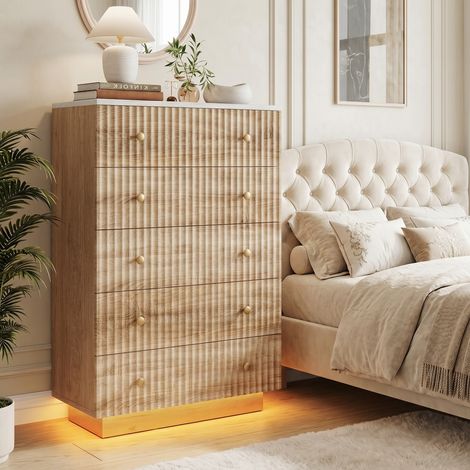 BLANKETSWARM - Commode à 5 tiroirs blanc 73 x 40 x 111 cm, commode chambre avec éclairage LED, commode haute pour chambre à coucher, salon, couloir, entrée, Bois Naturel