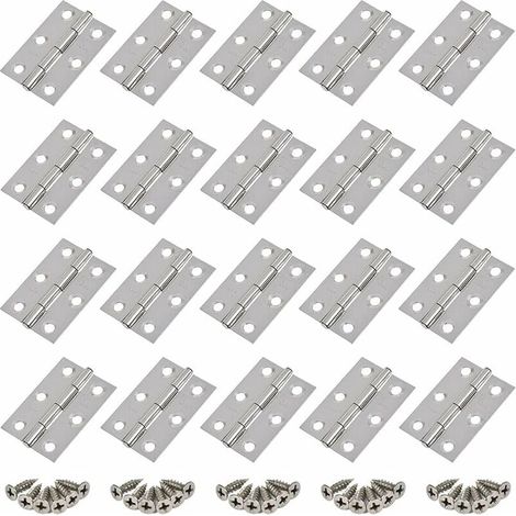 20pcs Charnières en Acier Inoxydable,Charnière de Porte,Trous de Charnière Plats Pliants,Charnière de Tiroir d'Armoire,Connecteurs de Charnière de Fenêtre,Charnière d'Armoire Bote Argent,avec 20 Vis G