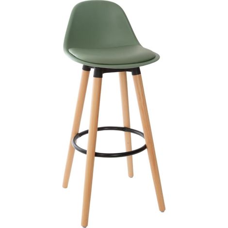 Atmosphera – Tabouret de bar Maxon similicuir vert – Hauteur d'assise 71,5 cm – Pieds en bois de hêtre – Confort rembourré pour cuisine et bar (1/5)