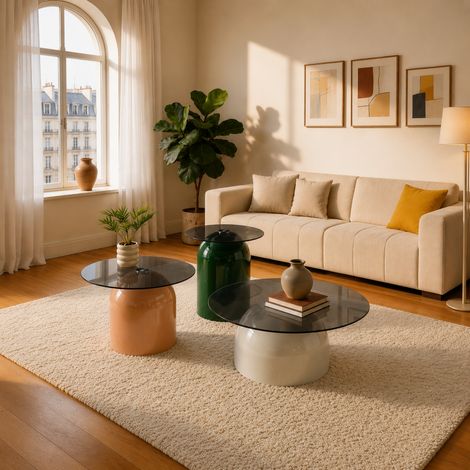 Ensemble de 3 tables rondes en verre trempé et acier brillant, résistantes. Coloris élégants : vert émeraude, latte, gris clair usage polyvalent. (1/5)