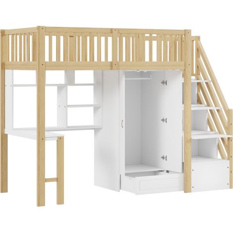Cama alta 90 x 200 cm blanca con escritorio, armario y almacenaje HOMVRA (1/5)
