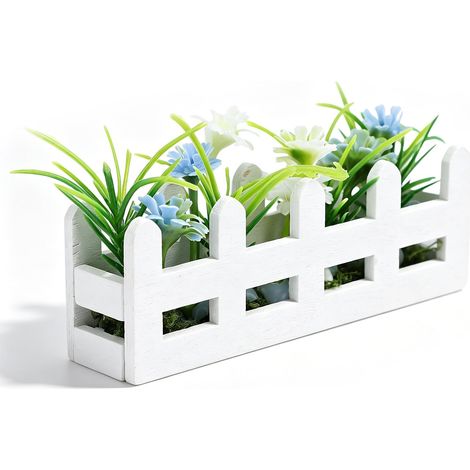 Fleurs de Maison de Poupée, Plante Miniature en Pot 1:12 Plantes Miniatures Colorées avec Clôture Blanche Accessoires de Jardin Mini Pot Vert pour Paysages et Accessoires Miniatures DIY (Bleu Blanc) (1/5)