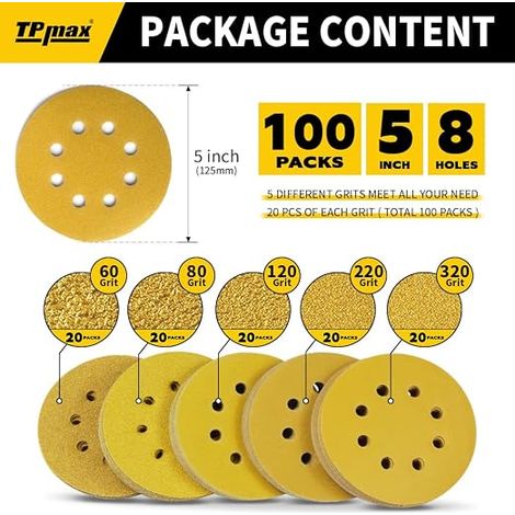 Disques Abrasifs Auto-agrippants 125mm 8 Trous Papier de Ponçage Mixte Grain 60/80/120/220/320, Disques Ponceuse Orbitales, Crochet et Boucle, Pour Meulage et Polissage du Bois et Métal (1/4)