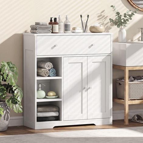 Meuble Salle de Bain 1 Tiroir, 2 Portes, 3 Compartiments Ouverts, 80x30x80,2 cm, Blanc (1/5)