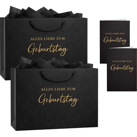 Sac Cadeau Anniversaire Grand Format Noir Or Lot 2 Sac Cadeau Sac Papier Cadeau Anniversaire avec Carte Papier de Soie Emballage Cadeau 28x20x10cm (1/5)