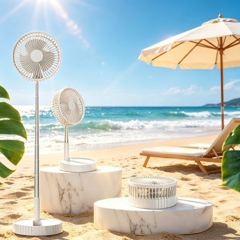 Ventilateur de sol et table télescopique, 3600mAh, télécommande, ventilateur rechargeable 4 vitesses-Blanc (1/5)