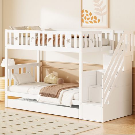 CHICFURN Litera infantil 90x200 cm de madera blanca con cama nido y almacenaje (1/5)