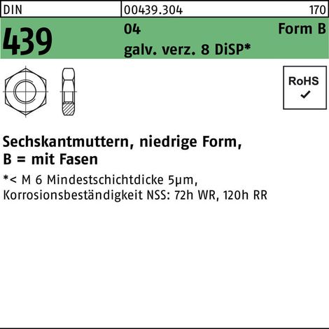Sechskantmutter DIN 439 Form B BM 6Automatenstahl galv. verzinkt 8 DiSP 100 Stück