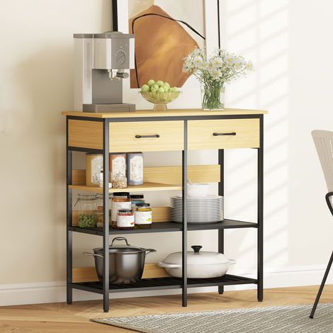 Buffet - bois naturel - meuble cuisine pour la cuisine - 3 étagères ouvertes - commode avec 2 tiroirs - salon 90 x 40 x 91 cm
