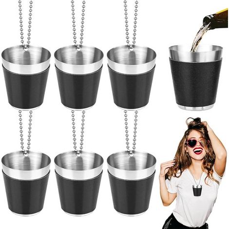 6er-Set Mini-Schnapsgläser aus Edelstahl mit Kette – 30 ml – Tragbares Design – Ideal für Partys, Camping und Festivals – Schwarz mit Lederkette – Transparent (1/5)