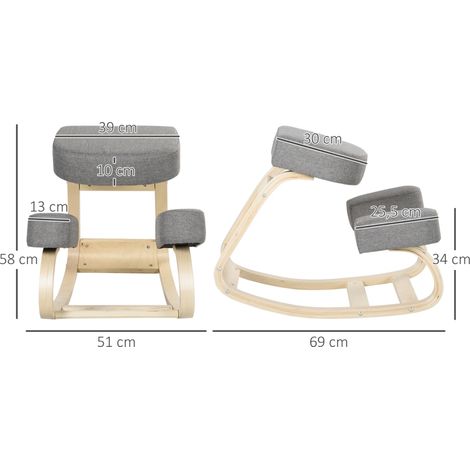 Tabouret ergonomique à genoux, chaise de posture saine, rembourré, en bois de bouleau, charge max 120 kg, gris, assise confortable. (1/5)