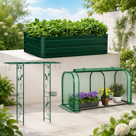 Kit de jardinage « Mini-serre » (3 pièces) – Mini-serre, jardinière en acier et arche-mangeoire (1/5)