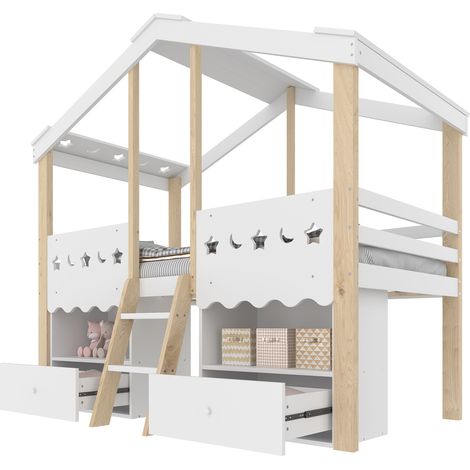 Cama alta infantil 90x200 cm en forma de casa, con LED, 2 cajones y estanterías, escalera segura y barandillas, de madera de pino, blanca y natural  CHICFURN (1/5)