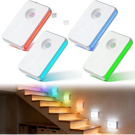 Lot de 4 veilleuses avec détecteur de mouvement : sept couleurs éclairage d'escalier, rechargeable veilleuse à intensité variable, pour couloir (1/5)
