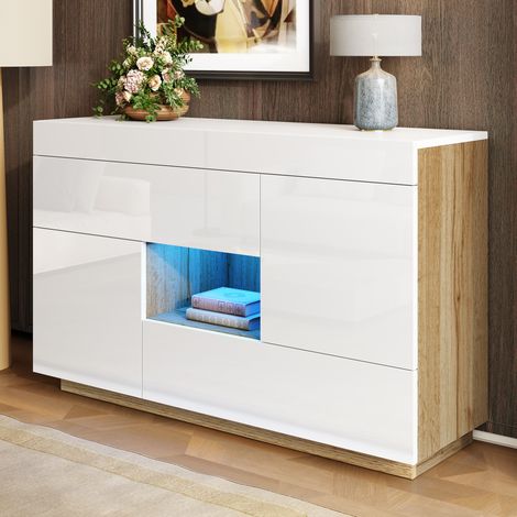 Aparador 120x37x76.5 cm blanco en tablero de partículas con LED multicolor, 2 cajones, 2 puertas y hueco abierto (1/5)