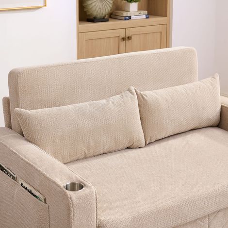 Canapé convertible 2 places 3 en 1, design épuré et moderne, mécanisme coulissant, port USB intégré, parfait pour repos et invités, beige clair. (1/5)