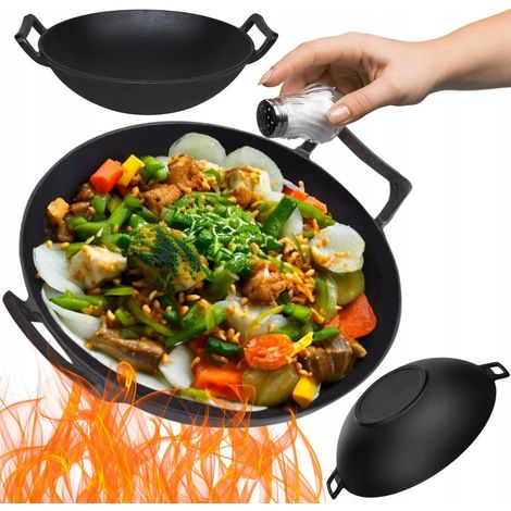 Wok de hierro fundido de 36 cm, grande, para cocina de inducción y fogata. Sartén de hierro fundido. (1/5)