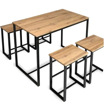 Set aus Tisch und 4 Hockern in natürlichem Holz 100x60x87 cm, Hocker 40x30x67 cm