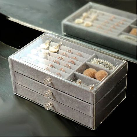 Coffret de rangement bijoux 3 tiroirs transparent, organiseur de bijoux élégant grande boîte claire, présentoir à bagues et boucles d'oreilles, coffret de stockage luxueux. (1/5)