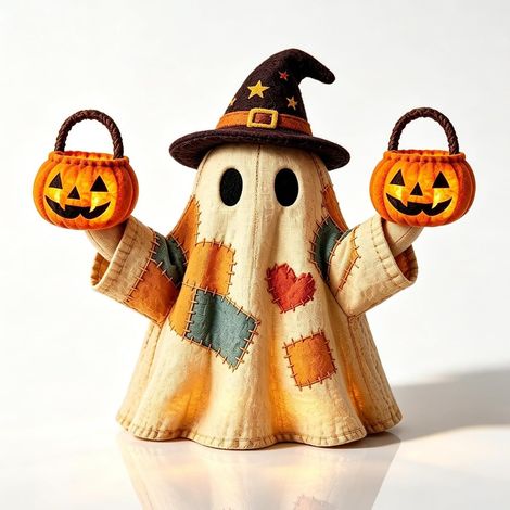 Halloween-Deko im Patchwork-Stil – Vintage-Patchwork-Geister-Lichterkette – Bettlerhut-Geist in Blaumelonenform (mit Beleuchtung)