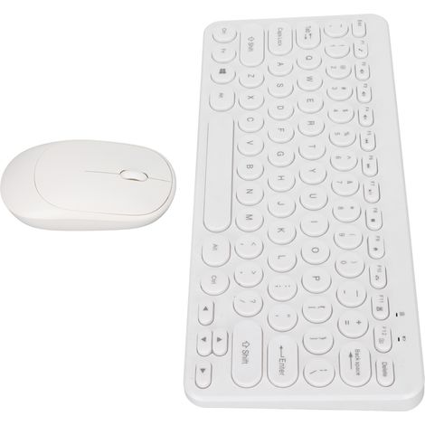 Ensemble clavier et souris sans fil 2,4 GHz, touches rondes, design ergonomique, souris silencieuse, récepteur USB, blanc