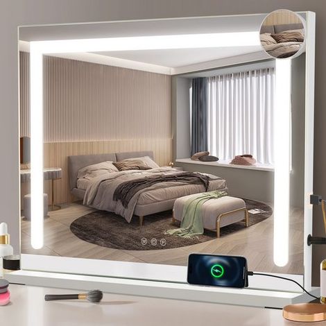 GBLY Schminkspiegel mit Beleuchtung 80 x 60 cm Schminktisch Spiegel mit Licht Touch dimmbare LED 3 Farblichtmodi 5-facher Vergrößerung USB Anschluss Vanity Mirror für Schlafzimmer
