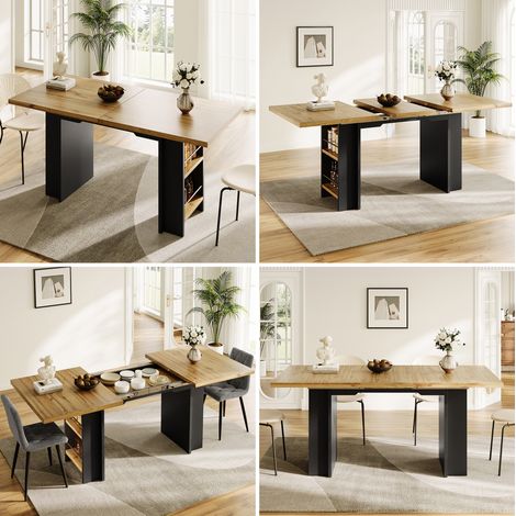 Table télescopique à manger 120-160 x 80 cm avec étagères extensible pour cuisine salon couleur bois