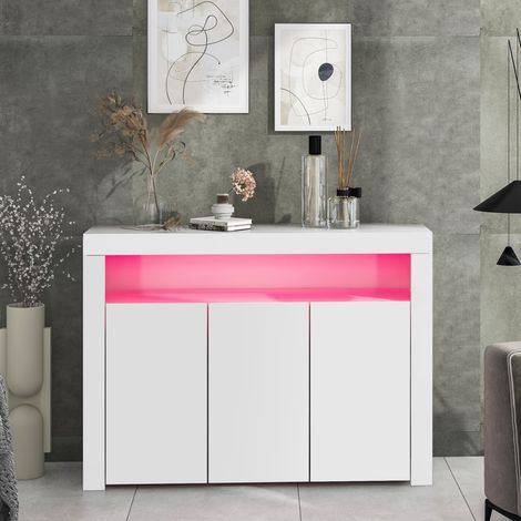 Madia in truciolare bianco lucido 130 x 35 x 95 cm, 3 ante, 3 ripiani regolabili, LED USB (1/5)