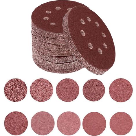 100 Disques Abrasifs 125 mm avec 8 trous anti-poussière, papier de verre à système griffe-boucle, grains 60-600 pour ponceuse excentrique - idéal pour le bois, l’auto et la finition (1/5)