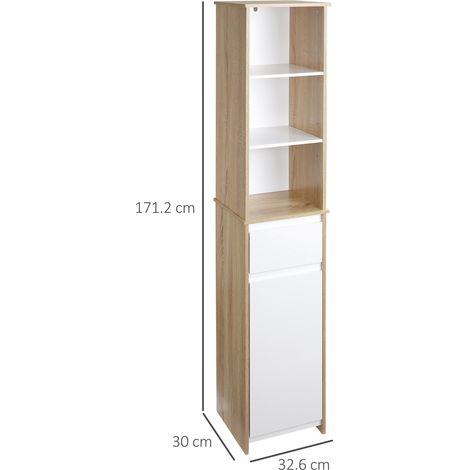 Étagère de salle de bain en bois gain de place, meuble colonne avec étagères et tiroirs, blanc, 32,6 x 30 x 171,2 cm (1/5)