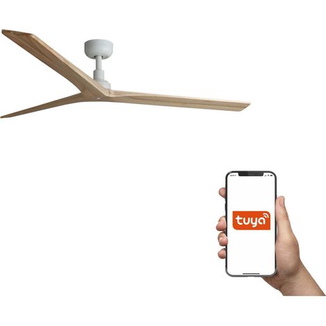 Faro Klim Grand ventilateur de plafond à 3 pales, blanc mat, bois de chêne, système intelligent Tuya