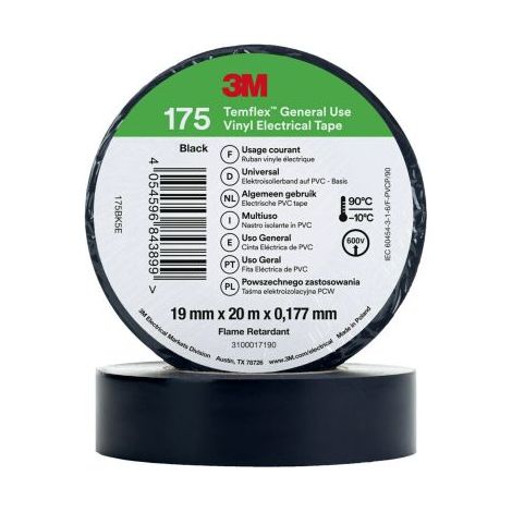 Ruban isolant 3M Temflex en Vinyle Noir 20m x 19mm x 0.178mm ( Prix pour 1 )
