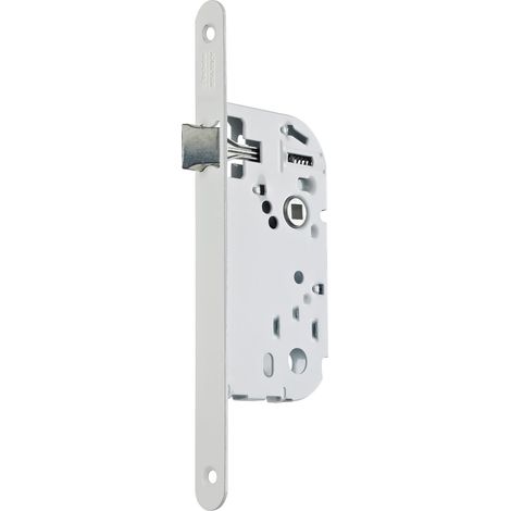 Serrure à Encastrer bec de cane, sans clé, Axe à 40 mm, Coffre 135 mm - D12 - Réversible sans démontage, Têtière bouts ronds - Pour Porte de Cuisine, Salon - Blanc, Gâche incluse (1/5)
