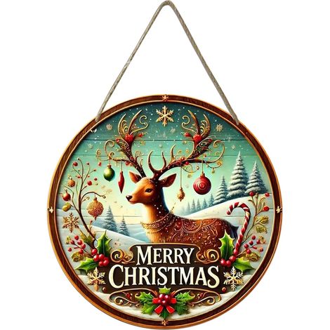 Panneaux Noël Pendentifs Ornement Couronne en Bois Panneau porte en bois pour Noël et décoration festive Pour extérieur, porche, jardin, intérieur, cuisine, chambre, bureau, (1/4)