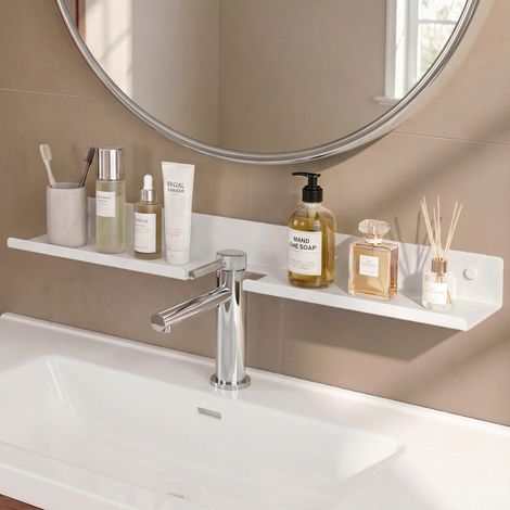 doporro Waschbecken Ablage 60 cm über dem Wasserhahn, Badezimmer Regal Montage mit oder ohne Bohren, Waschbecken-Wasserhahn-Organizer, Spülbecken Organizer & Duschablage, Sandweiß Reglo-17 (1/5)