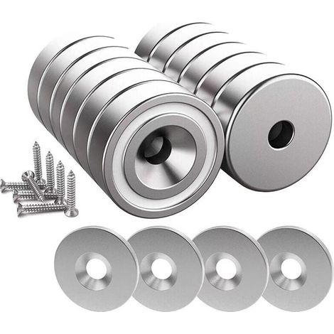 [NIEMALS VERWENDET] 12 Stück Neodym-Magnete 10 KG Stärke 20 x 7 mm mit Loch und Kapsel, Senktopfmagnet mit Schrauben und 12 Stahlkissen (Silber glänzend) (1/4)