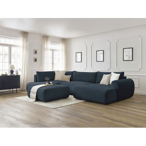 BOBOCHIC - Canapé panoramique convertible coffre LUCIEN gros côtelé doux avec pouf Angle droit  Bleu foncé (1/5)