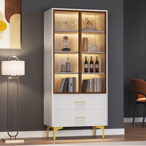 Vetrina in truciolare bianco con ante in vetro tea, 70 x 35 x 150 cm, 2 cassetti, 2 ripiani regolabili, LED (1/5)