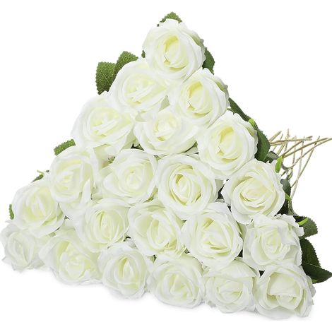 Lot de 20 roses artificielles à longues tiges – bouquet réaliste de roses artificielles à l'aspect soyeux (emballage en vrac) pour la décoration intérieure, les mariages, les fêtes et la décoration d (1/5)