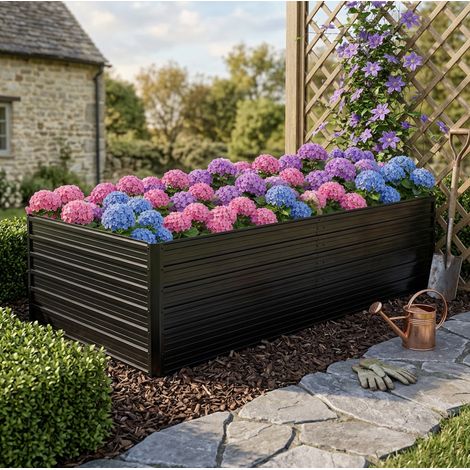 Bac potager surélevé en acier 219x112x64 cm, fond ouvert, structure stable, noir, pour jardin et terrasse (1/5)