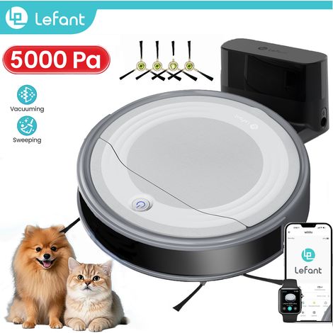 Lefant Aspirateur Robot, Robot Aspirateur 5000Pa Puissance d'Aspiration, Évitement Précis des Obstacles, Anti-Enchevêtrement Idéal pour Les Poils d'animaux, Cheveux et Sols Durs,Contrôle par App/Alexa