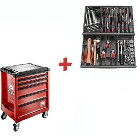 Facom – Servante d'atelier roulante 6 tiroirs – 69 outils inclus – Charge maximale 300kg – Rouge – Pour espaces de travail professionnels (1/4)
