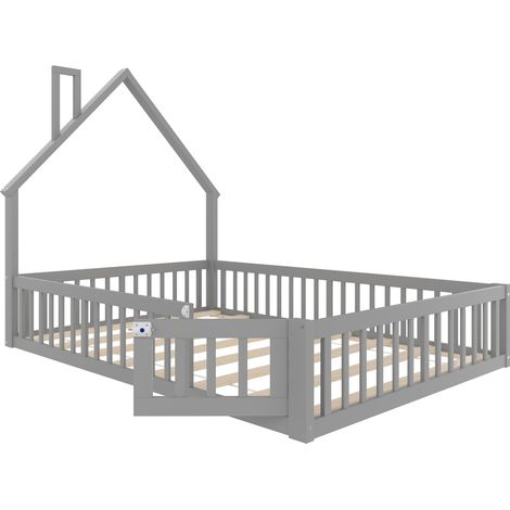 Cama infantil 140 x 190 cm con barreras de seguridad, forma de chimenea, gris (1/5)