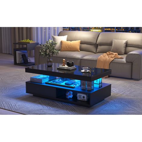 Table basse noire 95 x 50 x 42.5 cm en finition brillante avec 4 plateaux en verre, 2 tiroirs et 2 niches ouvertes. (1/5)
