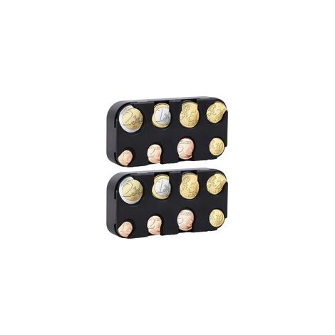 2 Pièces boîtes de rangement Organiseur pour monnaie, Idéales comme distributeur ou porte-monnaie trieur, avec 8 compartiments de 2 euros à 1 centime, monnayeur pour voiture et taxi (Noir) (1/5)