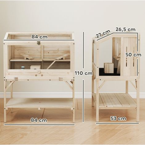 Gabbia per criceti 84x53x110 cm in legno naturale, 2 livelli con vano portaoggetti - MEUBLIV (1/5)