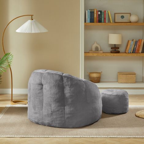 Fauteuil Sac Pétale avec Repose-Pieds en Imitation Fourrure Gris Clair, sans Montage, pour Salon, Chambre et Balcon (1/5)