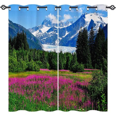 Rideau Occultant Nature Neige Montagne Forêt Fleur Rideau Thermique Isolant Tenture Opaque à Oeillets Draperies Intérieurs pour Maison Chambre Salon 2 Panneaux L 117 x H 138 cm - 117L X 138H cm (2 Pan (1/5)