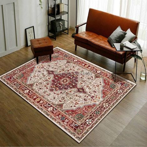 Alfombra de entrada antideslizante de estilo étnico persa, estilo retro europeo, color rojo, para dormitorio, sala de estar, mesita de noche, L 80 x 120 cm
